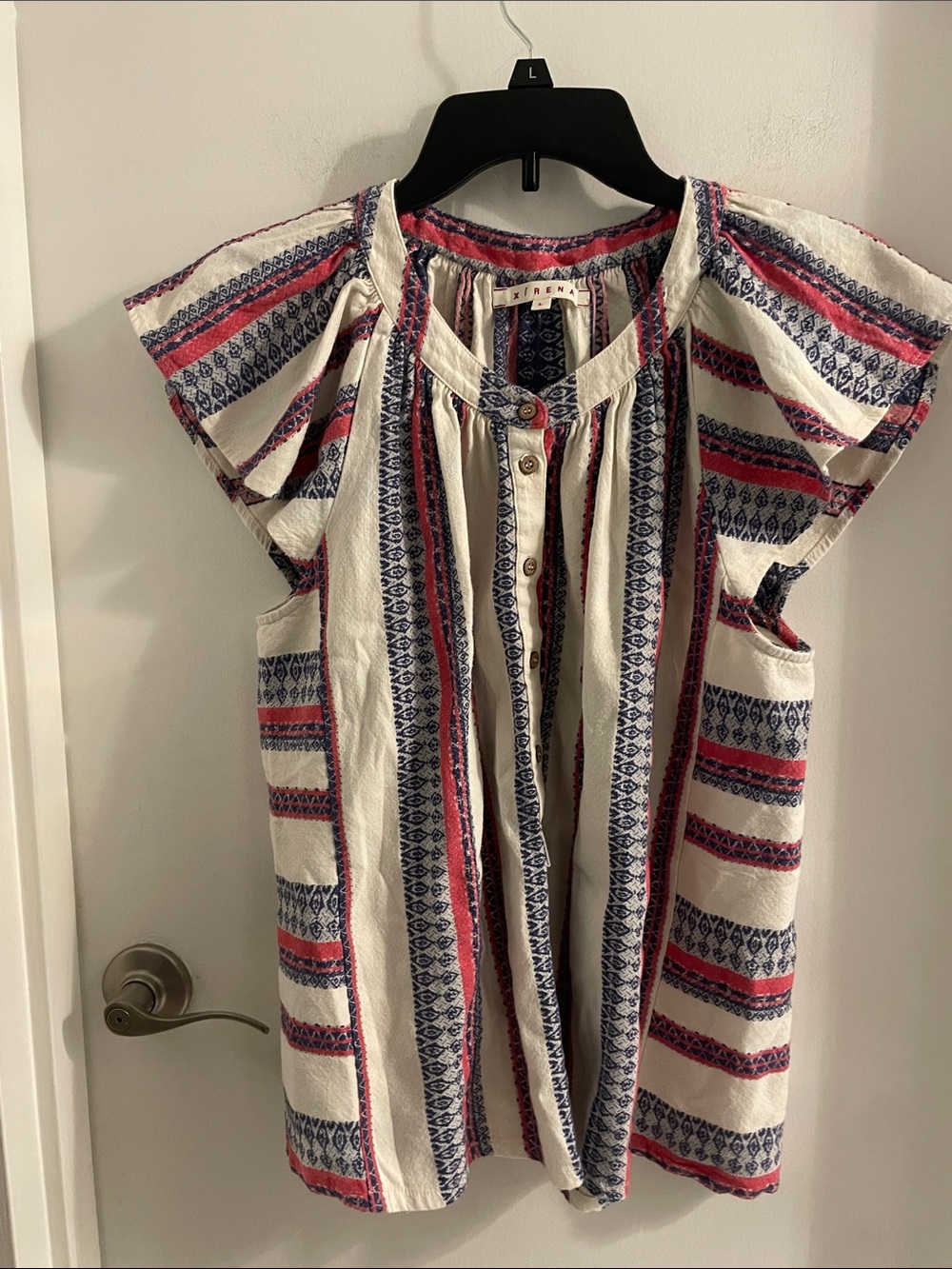 Xirena Large Emie Stripe red white blue flutter s/s Henley button neck Top shirt